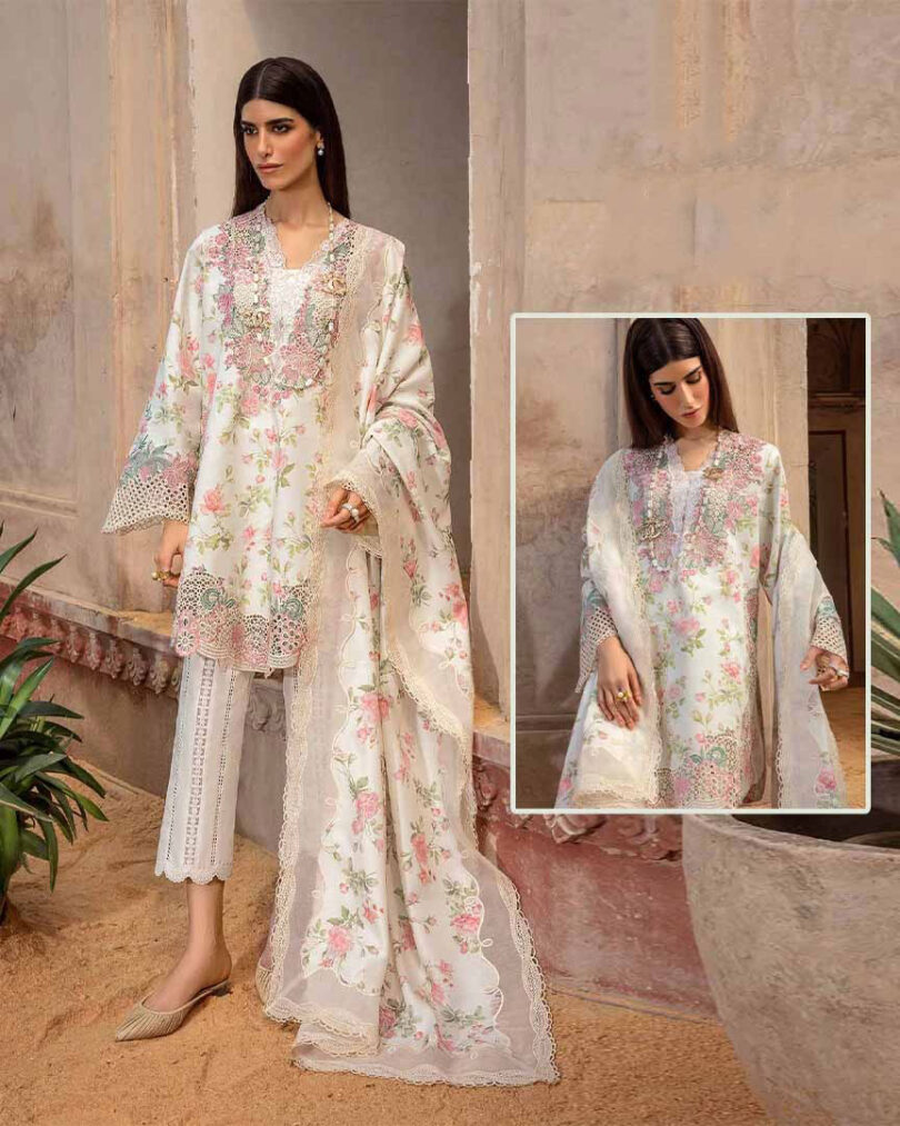 Crimson Luxury Swiss Lawn Dress Off White Floral - Image 3