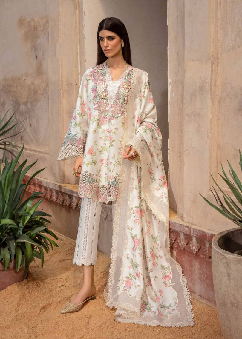 Crimson Luxury Swiss Lawn Dress Off White Floral