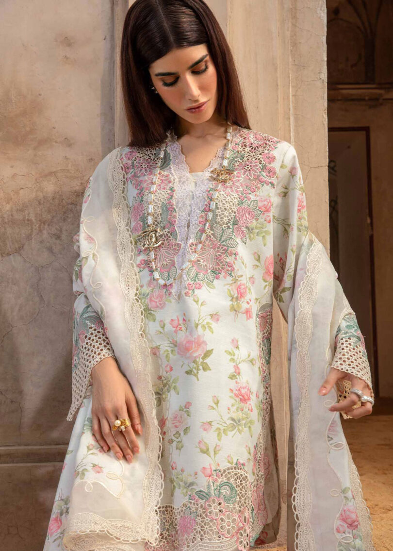 Crimson Luxury Swiss Lawn Dress Off White Floral - Image 4