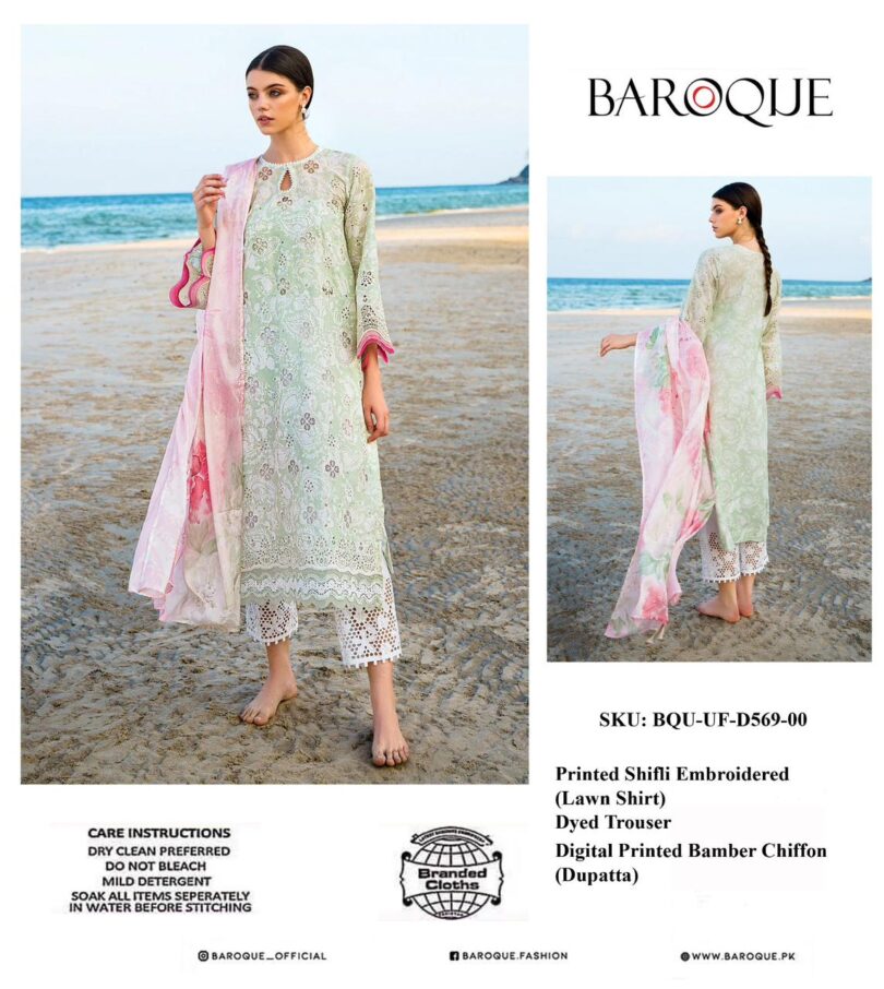 Baroque Premium Pure Lawn Digital Printed Emb With Pure Chiffon Duppata 2024