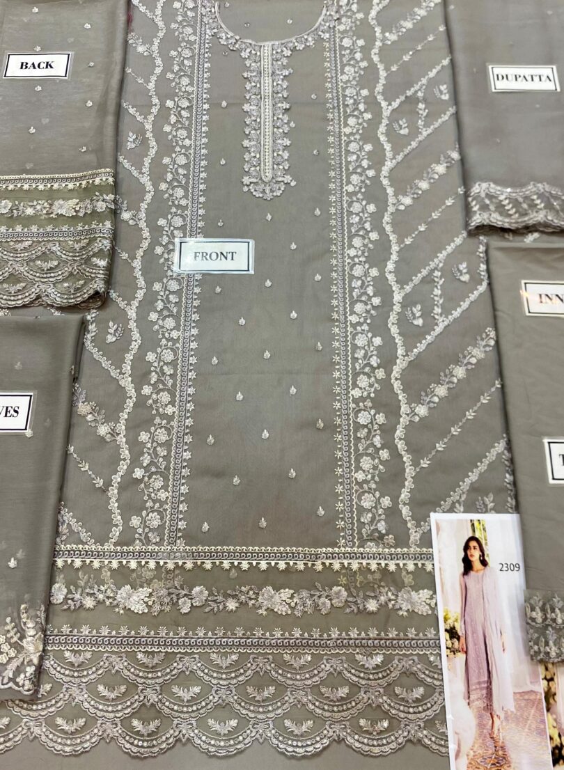 Azure Luxuy Chiffon Embroidered 3Pc Suit - Design No 2309 - Image 2